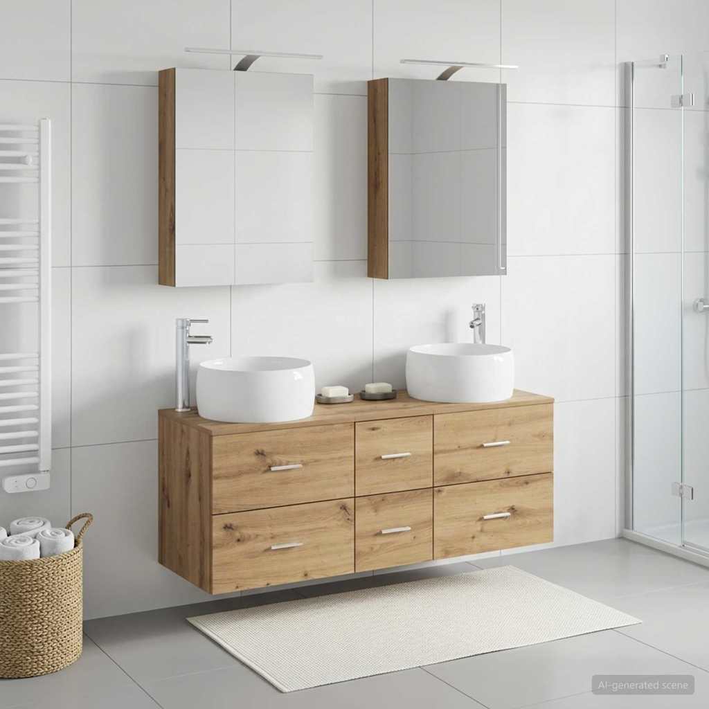 5 Piece Bathroom Furniture Set Artisan Oak Engineered Wood & Glass