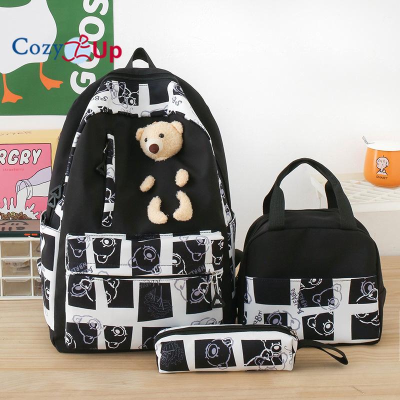 Large-capacity Schoolbag Female Cute Bear Backpack Lunch Box 5-piece Travel Backpack