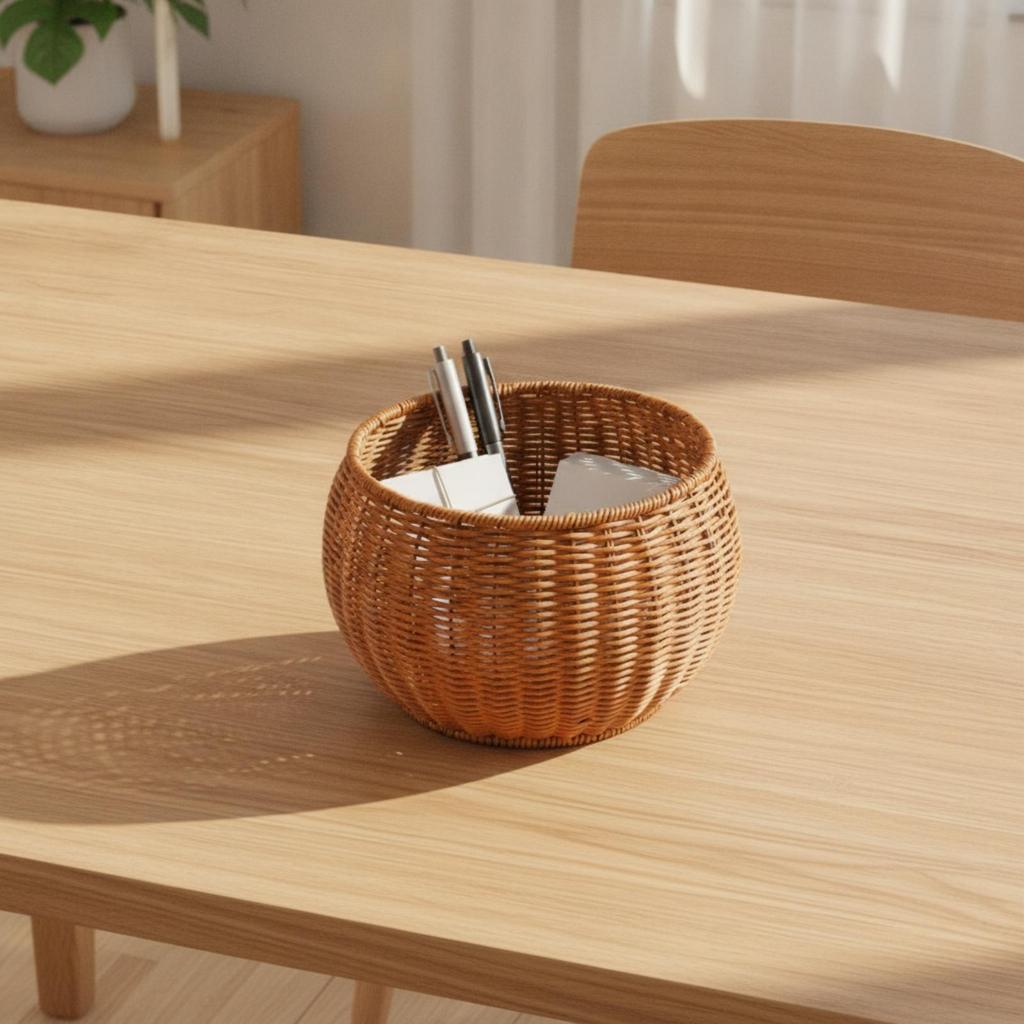 Tea-Brown Woven Organizer Tabletop Round Belly-Shaped Basket Rustic