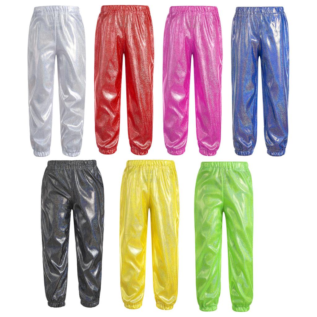 Unisex Kids Shiny Metallic Pants Elastic Waistband Trousers Unisex Dancewear Stage Outfit