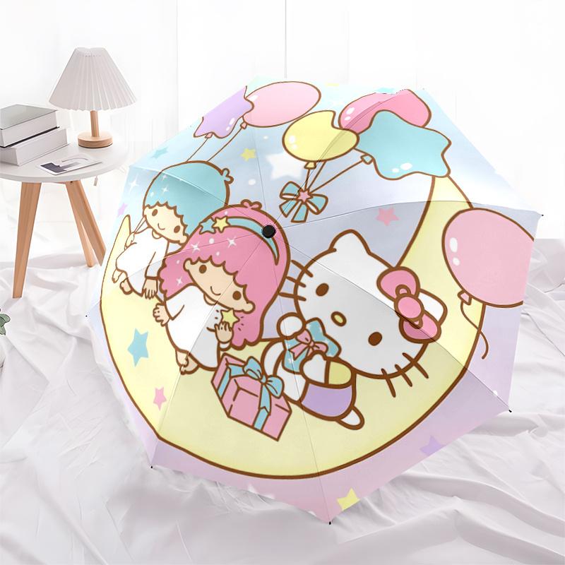 1pc Hello Kitty & Little Twin Stars Balloon Moon Automatic Opening/Closing Umbrella - Portable Three-Fold Design with 8-Bone Iron Frame, Outdoor for F
