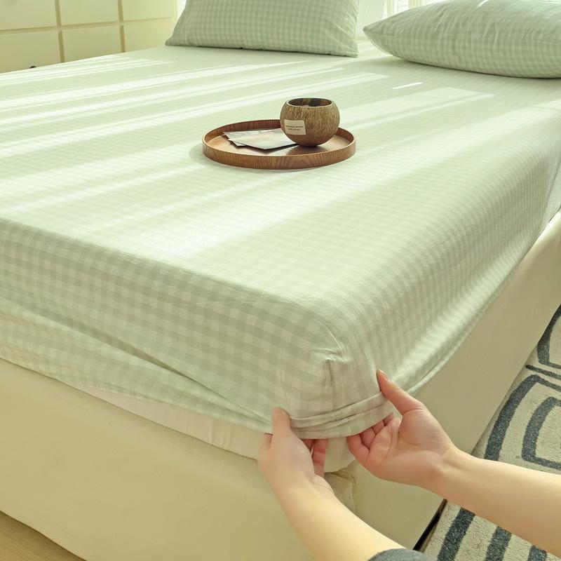 Modern Design Light Green Linellae Pattern Printed Fabric Bed Sheets Cotton Breathable Mattress Cover Colorful Fitted Sheet with Pillowcase