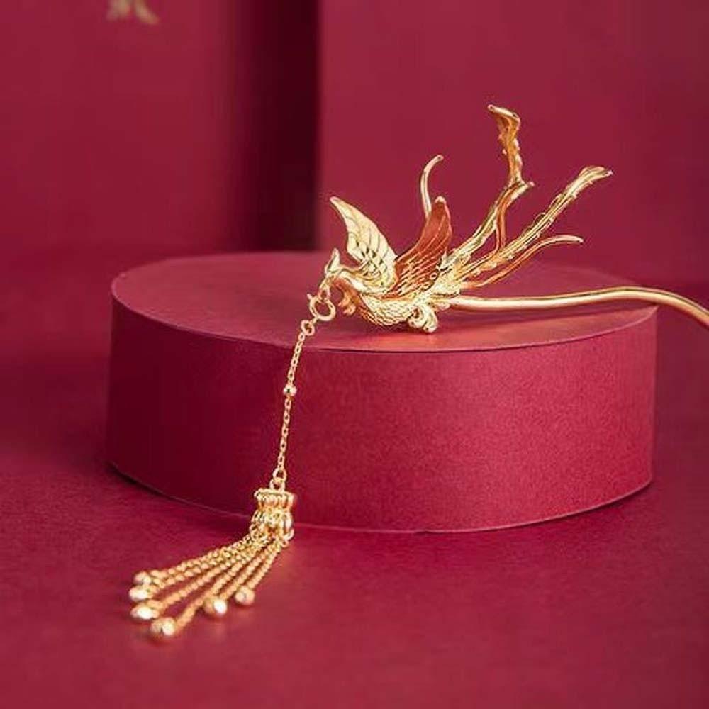 Sweet Rose Hair Forks Chinese Style Bride Flower Side Clips Golden Phoenix Hairpin  Women