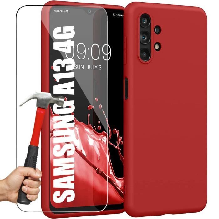 Coque Silicone - BOOLING - pour Samsung A13 4G - Rouge - Anti-choc - Souple - avec 2 Verres Trempés