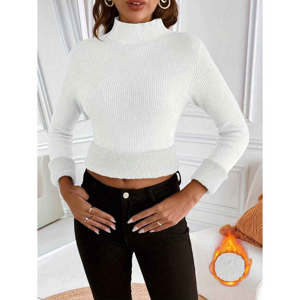 Solid Color Mock Neck Fleece Sweater, Elegant Long Sleeve Thermal Pullover Sweater, Women's Clothing