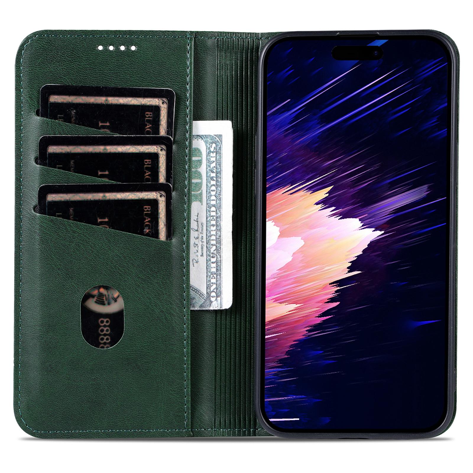 

AZNS For iPhone 16 Case Cowhide Texture PU Leather Wallet Phone Cover Green