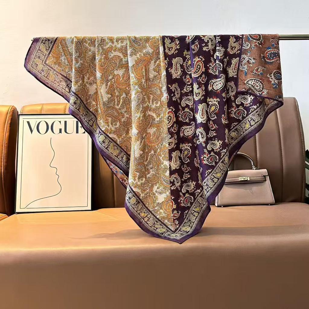 Imitation Velvet Silk Scarf Women'S 90 Square Scarf Double-Sided Heterochrome Splicing Printing Travel Beach Towel Sunscreen Shawl