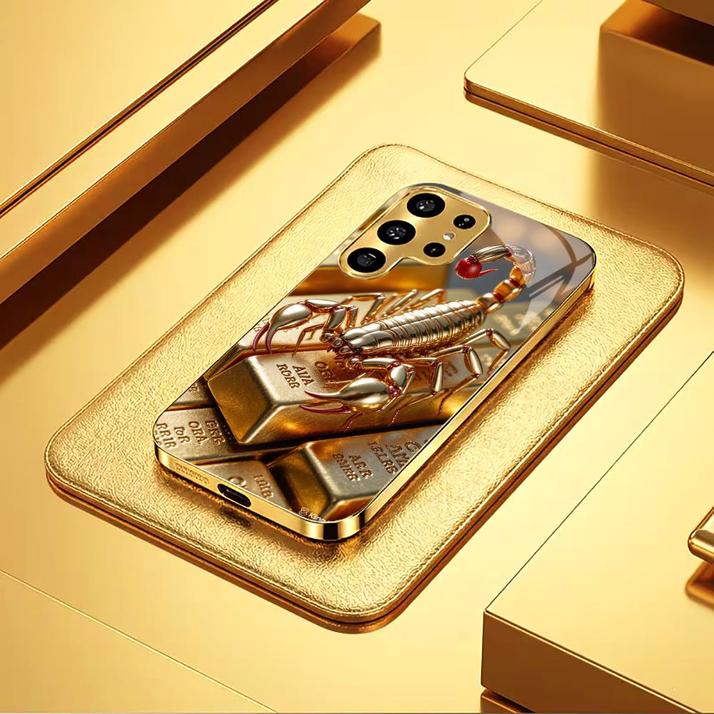 Gold Brick and Scorpion, 2D Electroplated Gold Edge Glass Phone Case For Samsung Galaxy S26 S25 S24 S22 Anti Drop cover