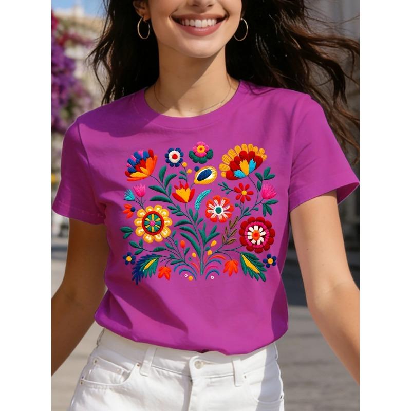 Mexican Colorful Floral Festival Letter Printed T-shirt, Women's Casual Short Sleeved Round Neck Top