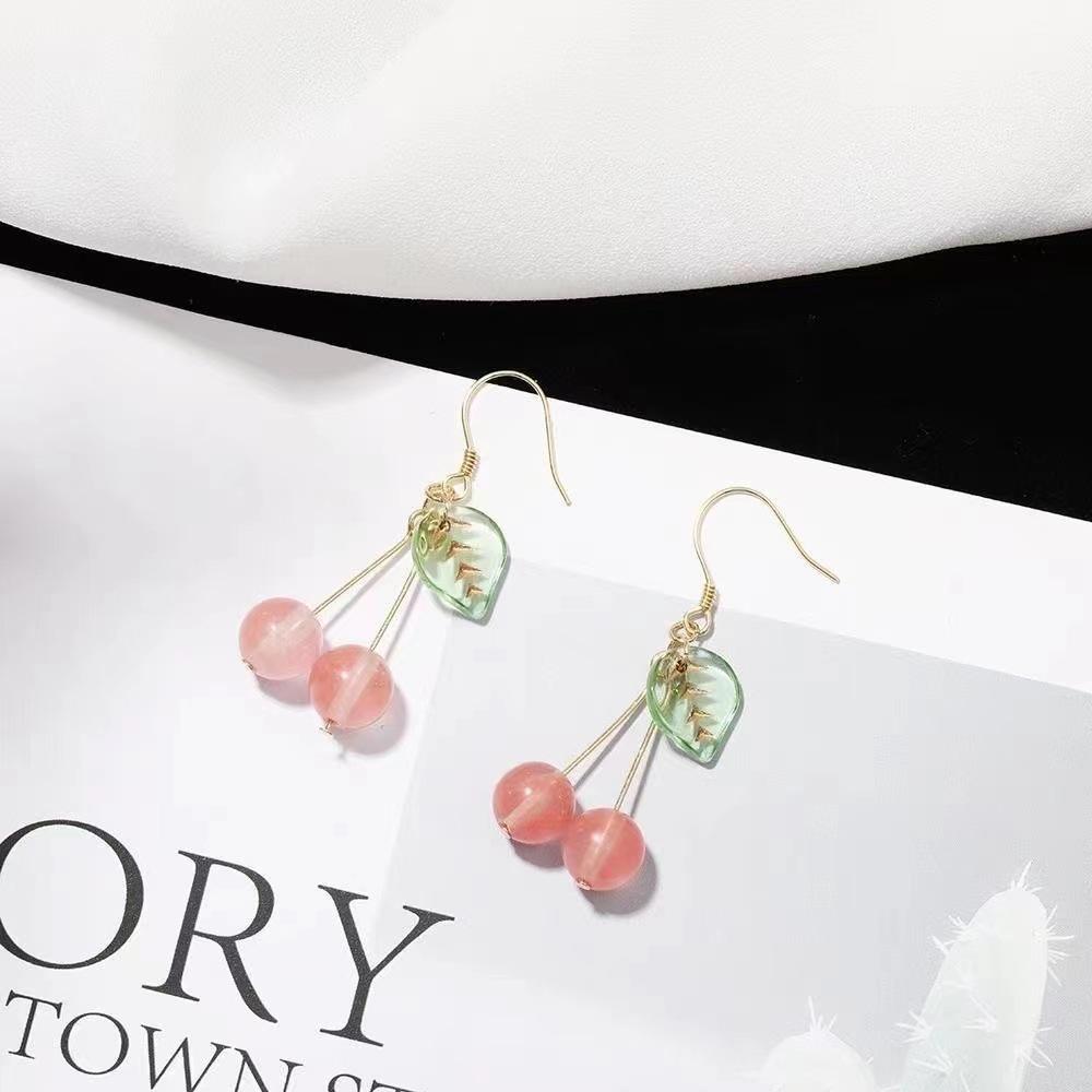 

Japanese and Korean soft girl cute small fresh green leaf cherry earrings small and sweet earless earrings female stud earrings ear jewelry
