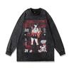 Vintage Washed Cotton Graphic Tee Men Loose Fit Round Neck Long Sleeve Anime Print Casual Top