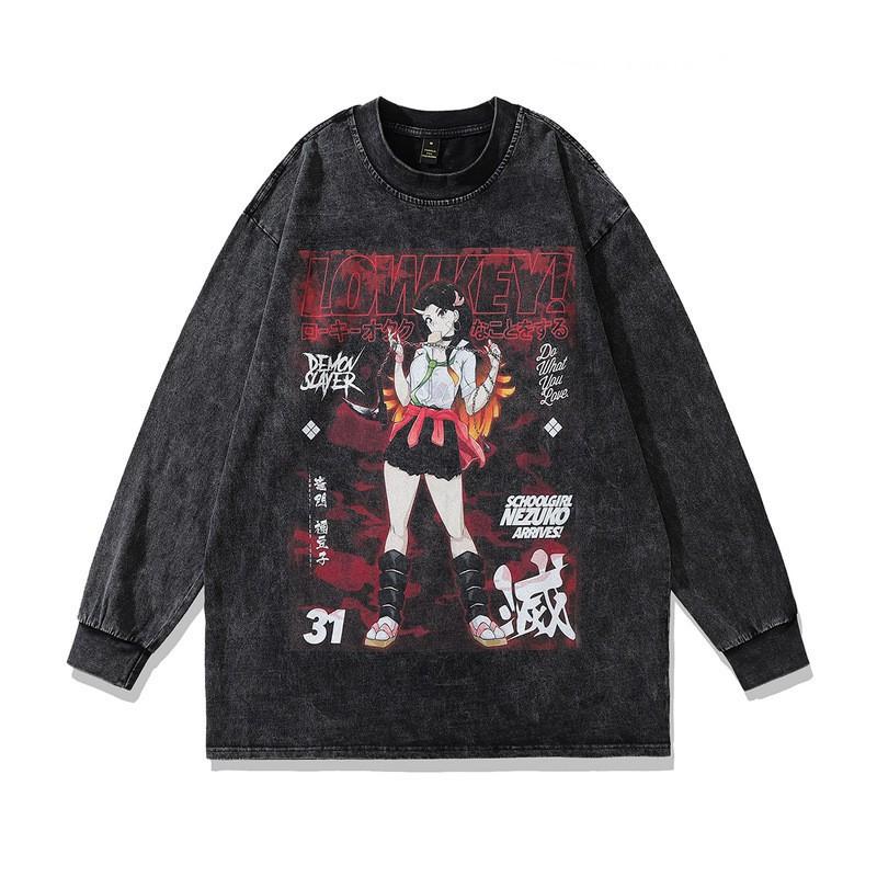 Vintage Washed Cotton Graphic Tee Men Loose Fit Round Neck Long Sleeve Anime Print Casual Top