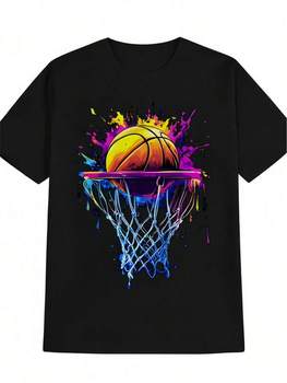 Man' Colorful Basketball Hoop Print Black TShirt Crew Neck Casual Tee Medium Stretch Knit Fabric Regular Fit For Boys