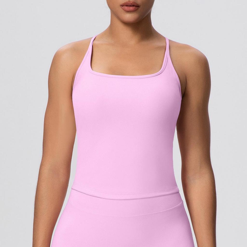 Solid Color Cross-Back Yoga Tank with Chest Pads - Quick-Dry, Fitted Sports Top