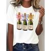 Damen Glückliches Neues Jahr Champagnerflasche Grafik T-Shirt Weiß Goldene Akzente Weicher Atmungsaktiver Komfort Fit Silvester Geburtstag Jahrestag Festliche Party