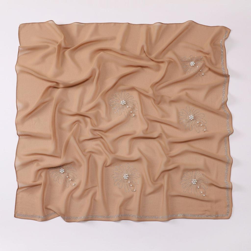 New Pearl Chiffon Daisy Rhinestone Beaded Square Scarf For Women