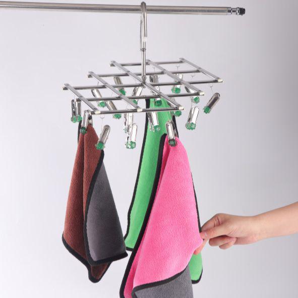 Stainless Steel Portable Folding Clothes Hanger with Multiple Clips for Socks & Drying
