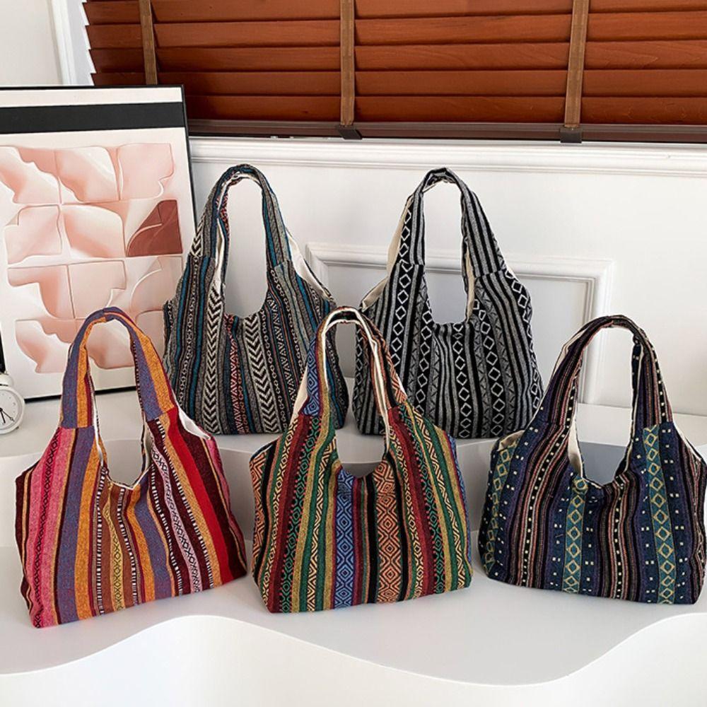 Canvas Bohemian Tote Bag Large Capacity Retro Shoulder Bag Vintage Ethnic Style Handbag  Travel