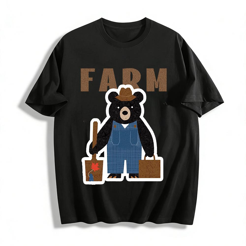 

Farm Black Bear Print T-Shirt Men Women Retro Casual Breathable Crew Neck Short Sleeve Top Pure cotton T-shirt 6XL