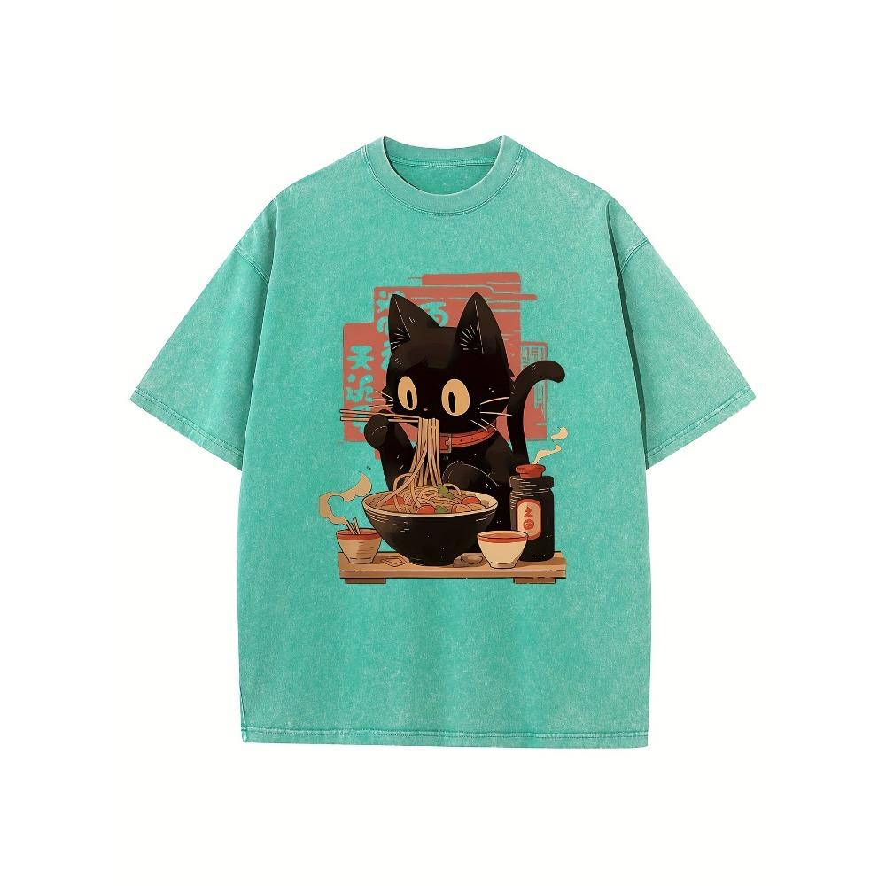 High Quality Pure Cotton Retro Washed Cat Noodle Pattern T-shirt Summer Outfit Round Neck Short Sleeved