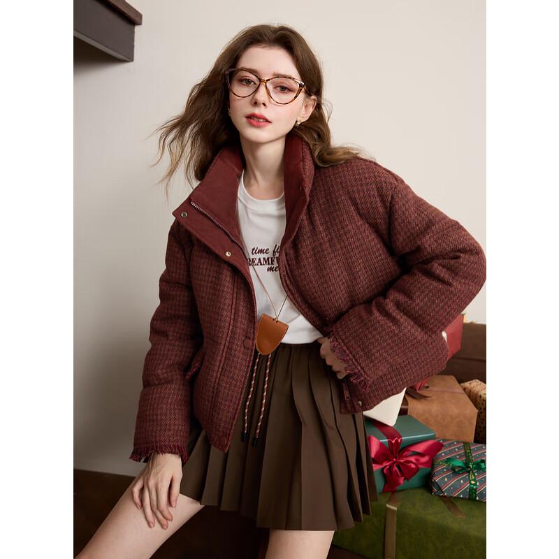 

Women s Plaid Wool Blend Short Puffer Down Jacket L