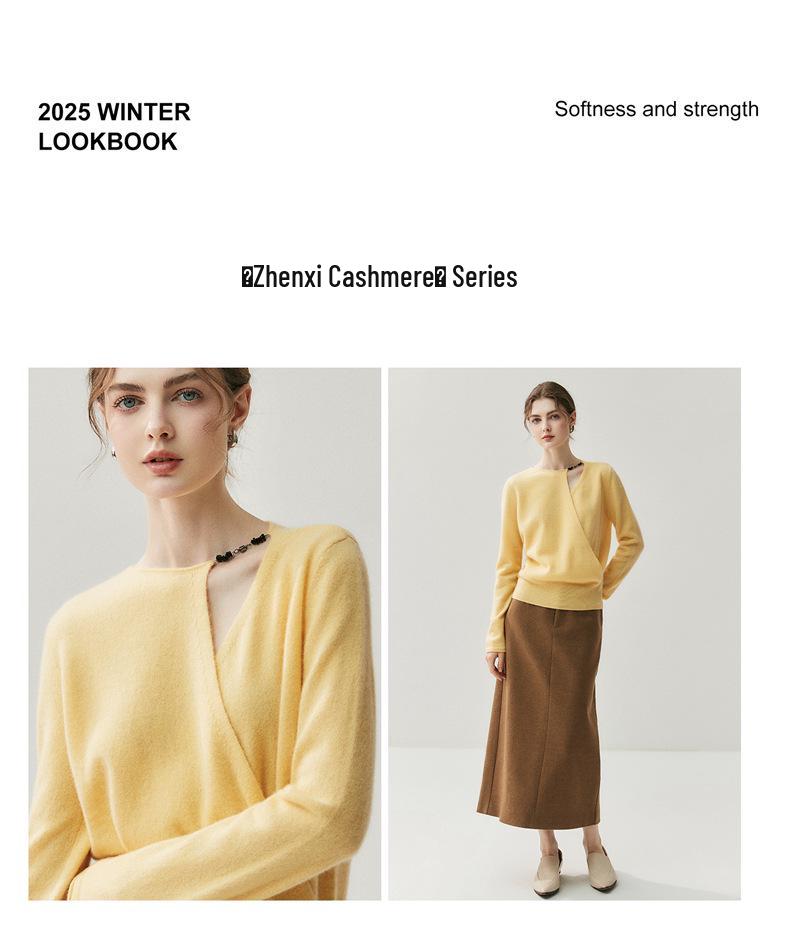 Women's Asymmetrical Cross-Collar Cashmere Sweater with Rolled Cuffs – Elegant Autumn/Winter Knitted Base Layer