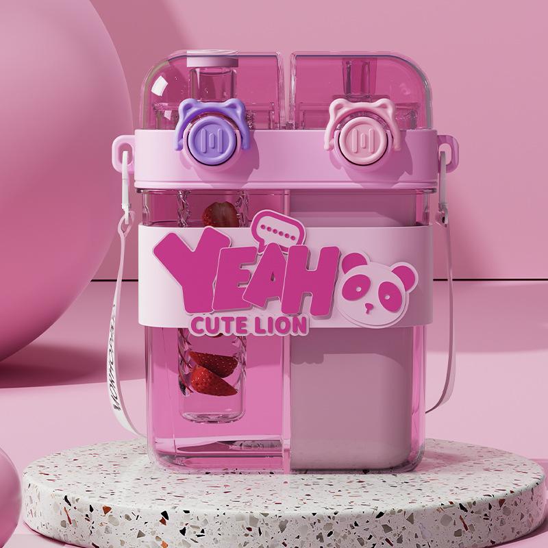 New Large-capacity Children's Water Bottle with Double Drinking Cups and Straws, Cute Cartoon Sports Water Cups