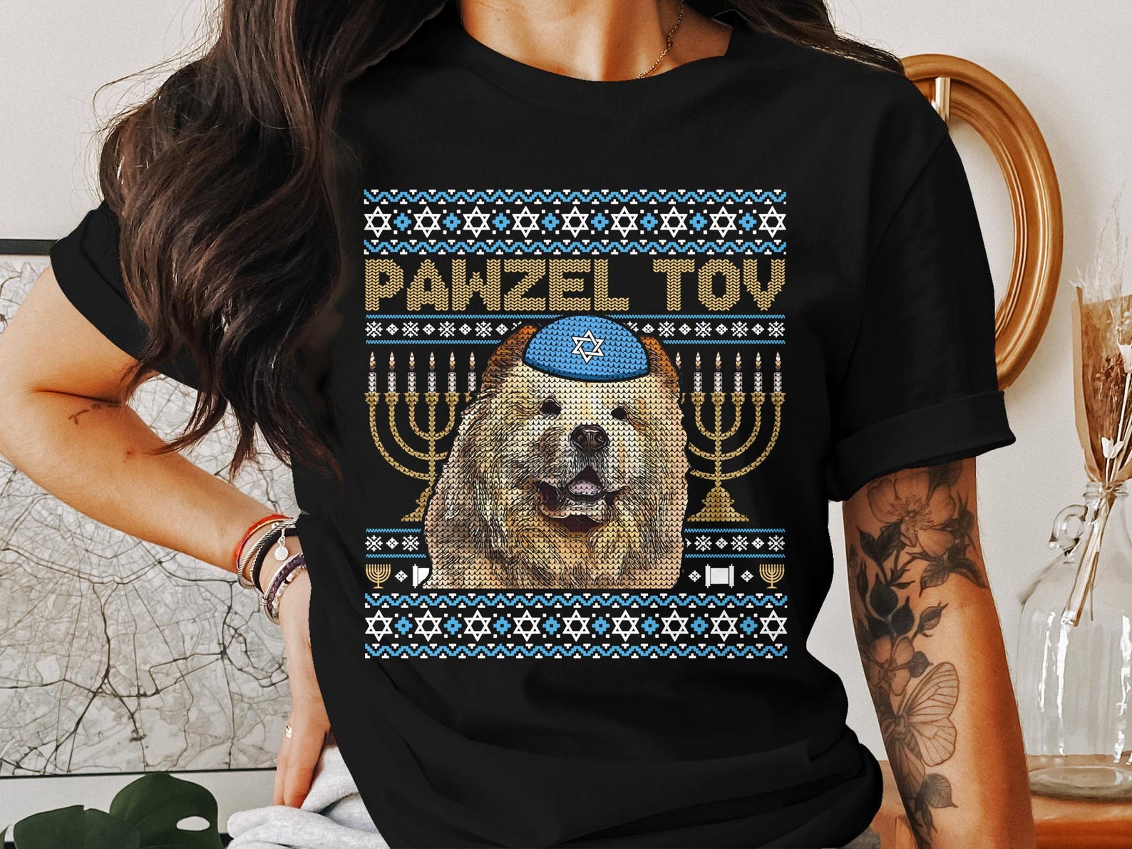 Pawzel Tov Hanukkah Dog Chow Chow Face Menorah Chanukah Funny Jewish Holiday Tee Cute Hanukkah Gifting Shirt XL
