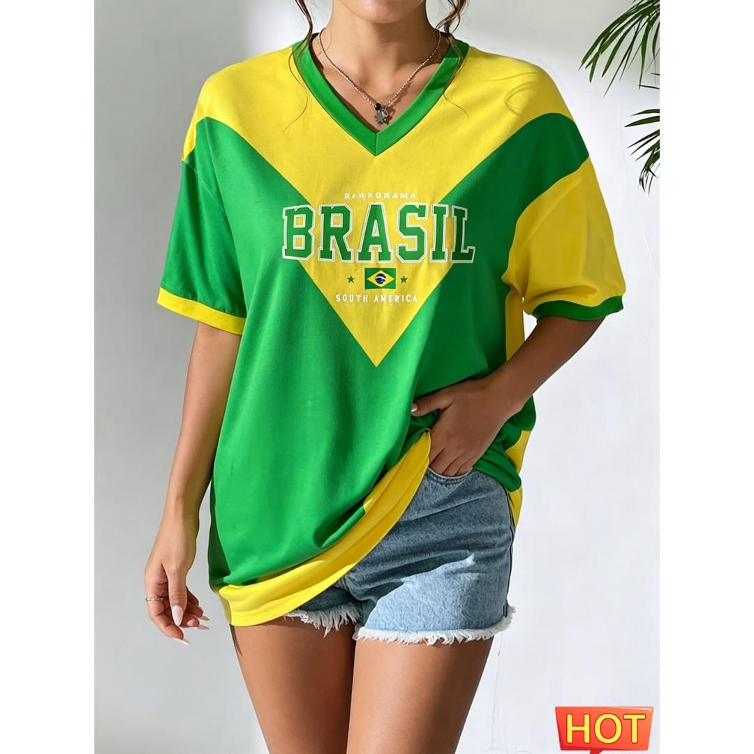New Brazilian T-shirt Summer Women s V-neck T-shirt Brazilian football T-shirt Yellow gradient women s jersey Quick drying tops S