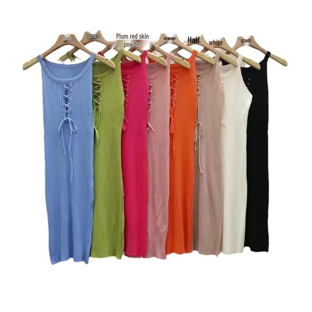 Elegantes ärmelloses Damen-Strickkleid mit Rundhalsausschnitt 6186 - Schlanke Passform, Bindegürtel, Hüftbetonendes Design für den Weg zur Arbeit