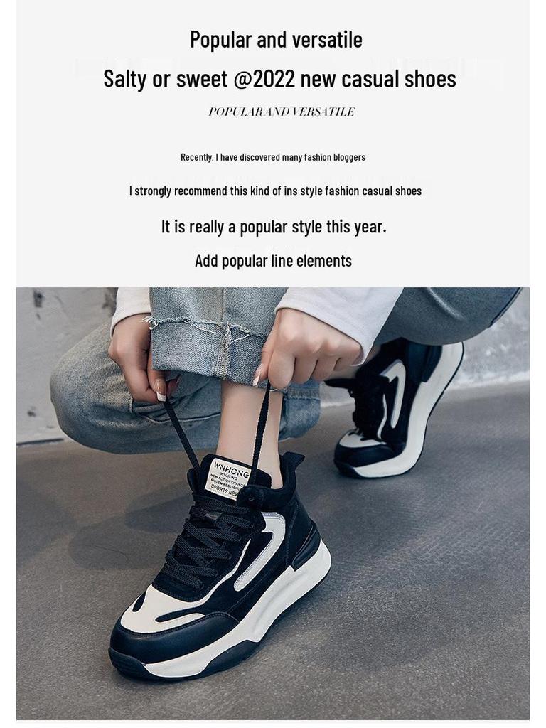 Spring/Summer 2025 Women's Colorblock Genuine Leather High-Top Sneakers - Thick Sole, Fleece-Lined, Casual Lace-Up in Trend