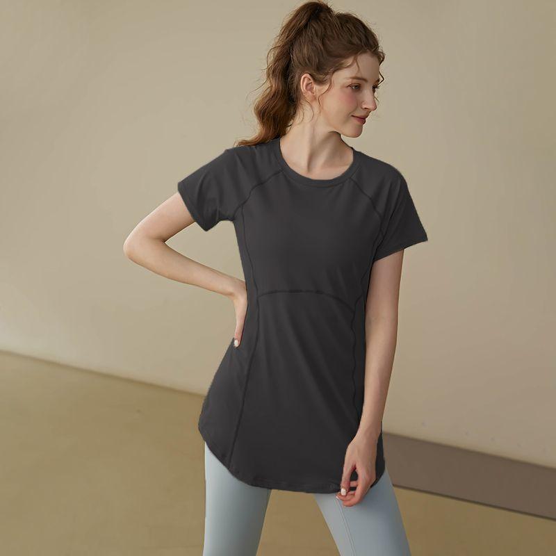 Sommer Modisch Einfarbig Rundhals Damen Slim Fit Lauf-T-Shirt Yoga Lang Geschnitten Hüftbedeckendes Workout-Top
