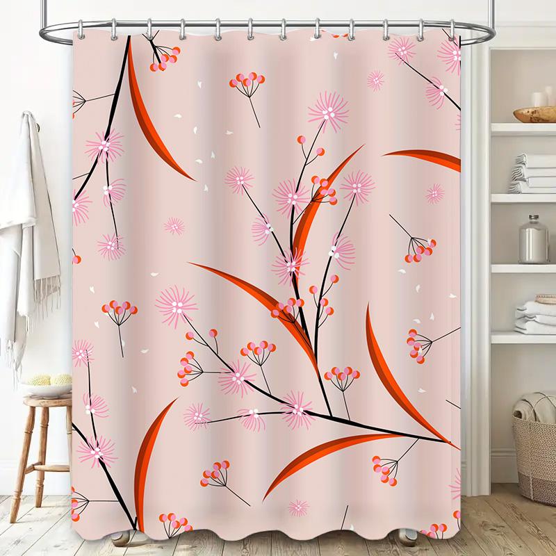 Modern Decorative Shower Curtains with Pink Flowers and Cherry Blossoms Print High-Quality Polyester Fabric Waterproof Bath Mat