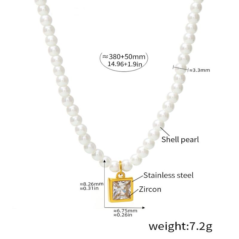 RINNTIN XP072 Jewelry Gold Plated Shell Pearl Chain Oval Rectangle Heart Zircon Pendant Necklace Stainless Steel Jewelry 38+5cm