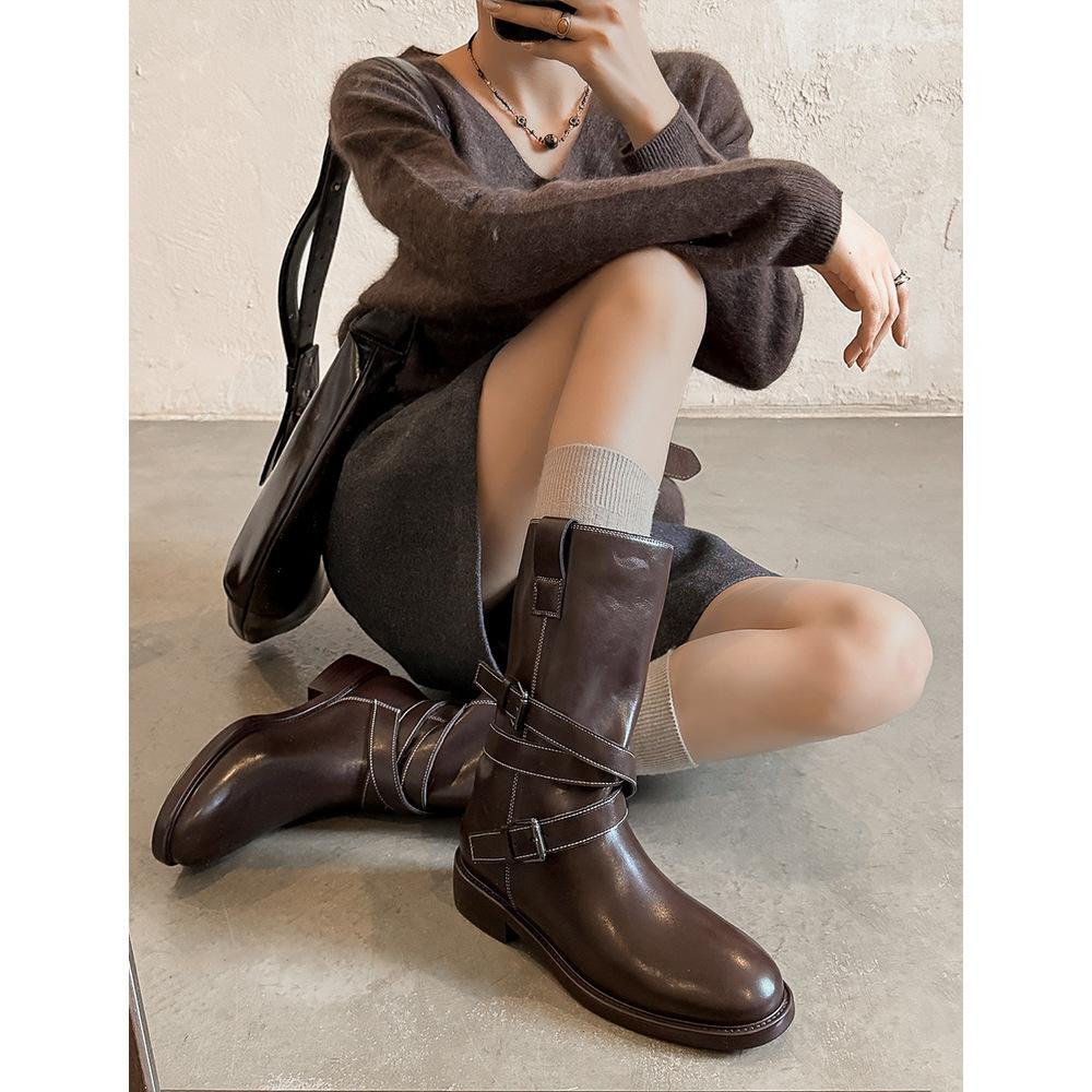 

Cowhide~ grape ma same height increase 4cm round head thin boots belt buckle Kusa medium motorcycle boots knight boots 40