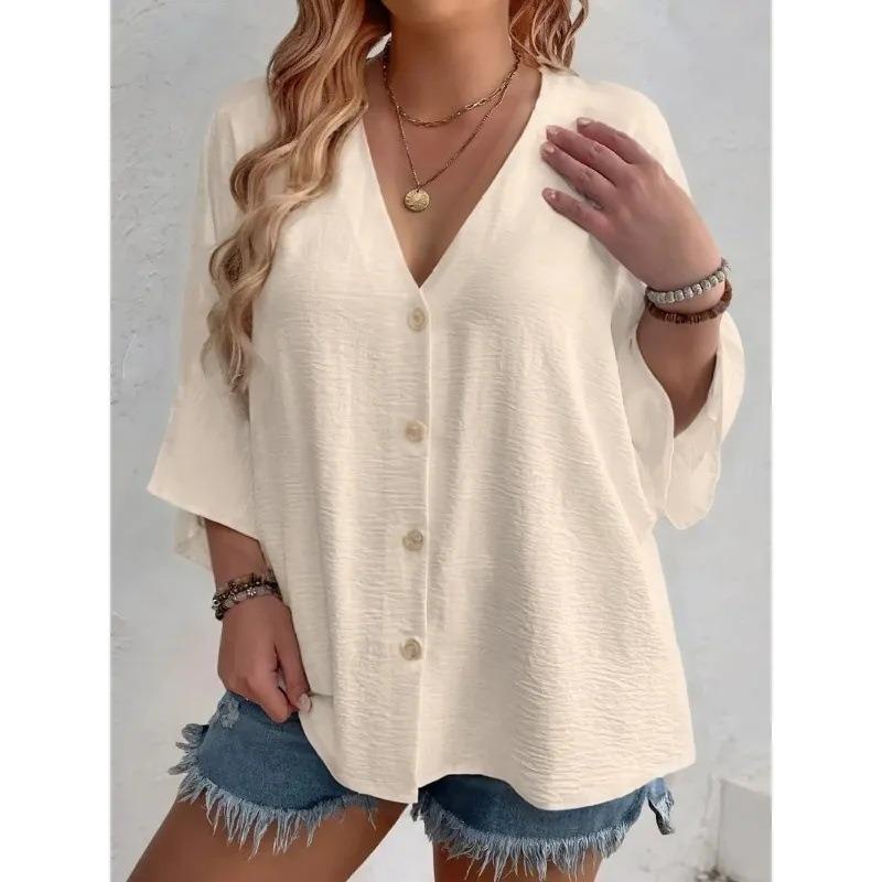 V Neck Large Size Casual Loose Women Shirt Solid Color Spring and Summer T-shirt Casual Buttons Top Fashion Elegant Simple Blouse Sweet Office Clothes