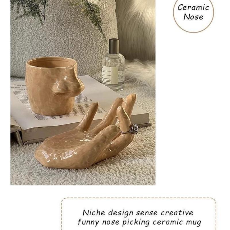 Funny Ceramic Nose Mug and Finger Tray Set – Creative Quirky Cup with Jewelry Holder Dish