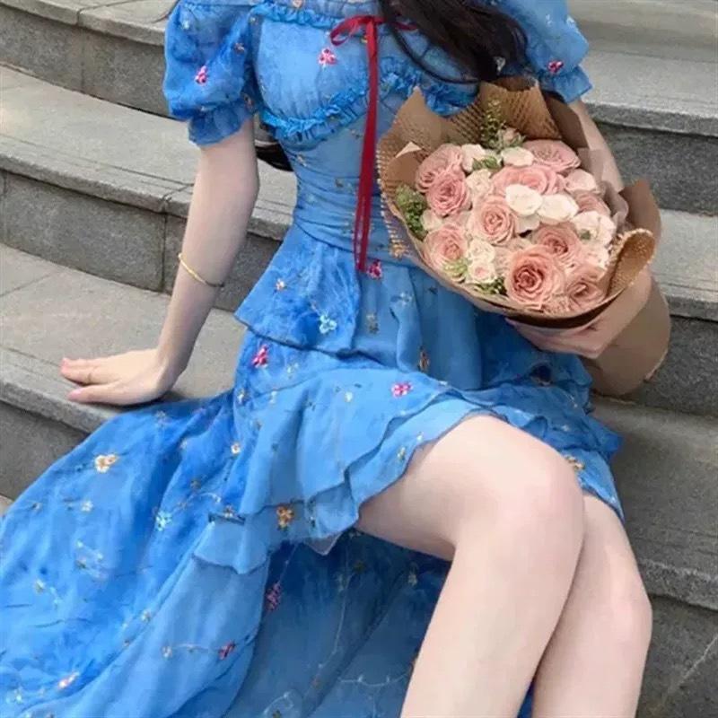 Holiday Wind Broken a Flower Off-the-shoulder Dress Women's Summer New Waist Thin Irregular Blue Suspender Long