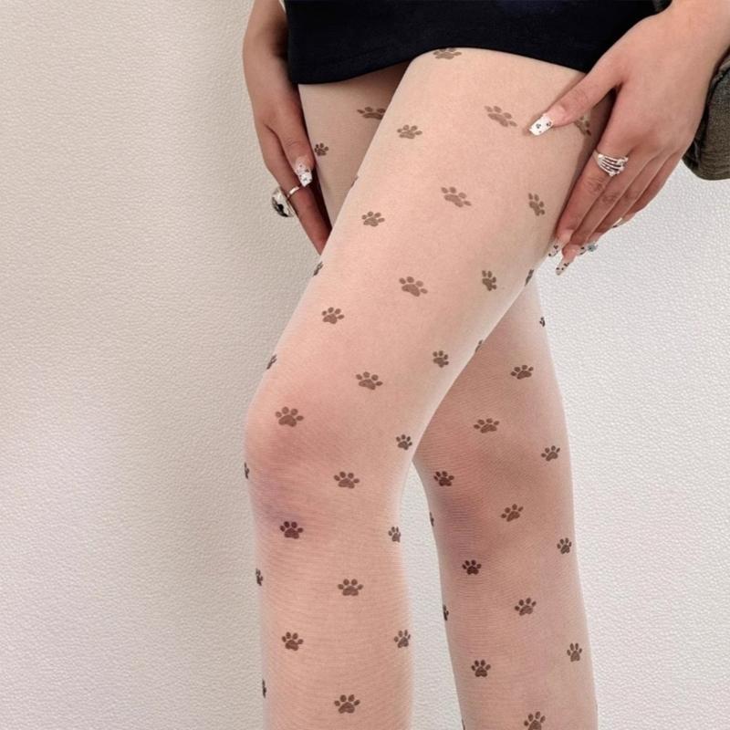 Women Aesthetic Sweet Cats Paws Bowknot Printed Sheer Silk Tights Stockings Thin See Through Pantyhose Leggings Hosiery