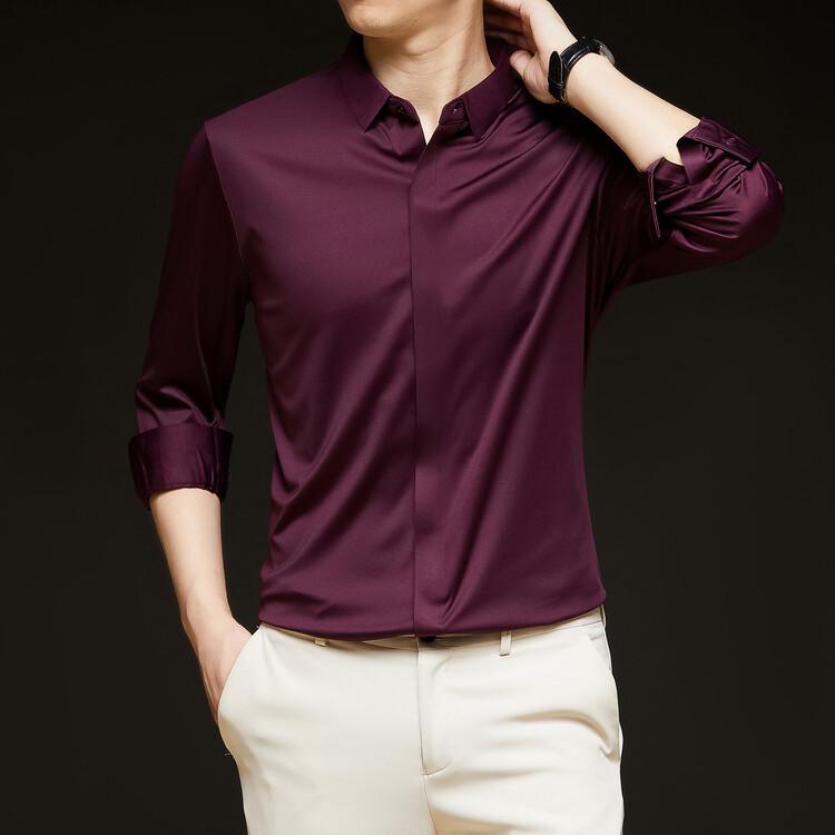 Men’s High-End Hidden Placket Long Sleeve Ice Silk Dress Shirt