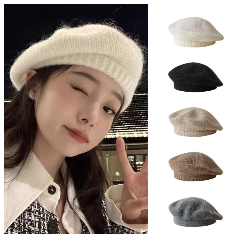 Personality Mohair Knitted Beret Hat Solid Color Harajuku Wool Painter Hat Warm Fluffy Knitted Octagonal Cap Streetwear