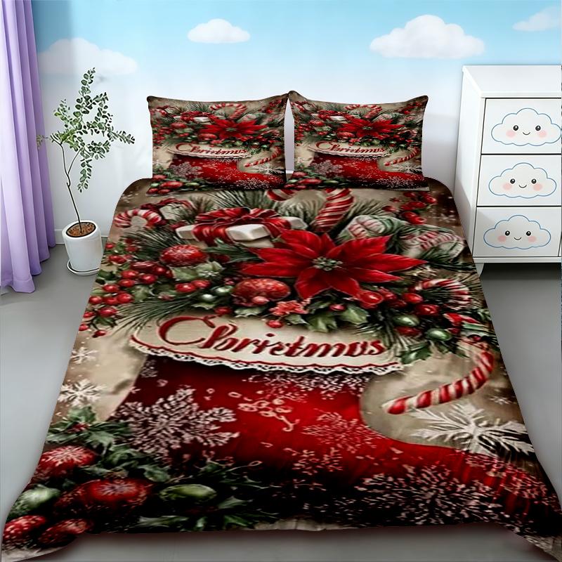 Duvet Cover 3-piece Christmas Themed Santa Claus Snowman Print (1 Duvet Cover+2 Pillowcases, No Core) Soft Bedding Set Soft Best