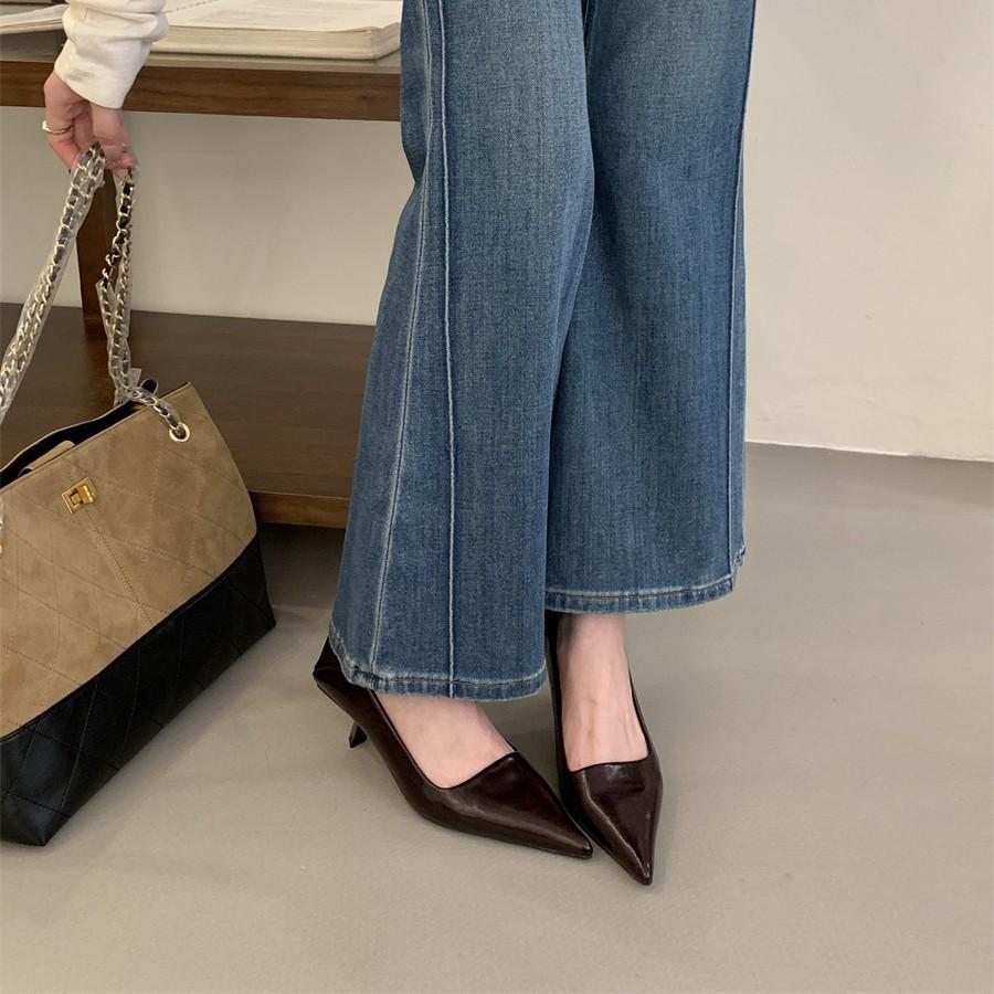 2025 Autumn Pointed Stiletto High Heels One-pedal French Kitten Heel Single Shoes Light Mouth Temperament Commuter Work Shoes