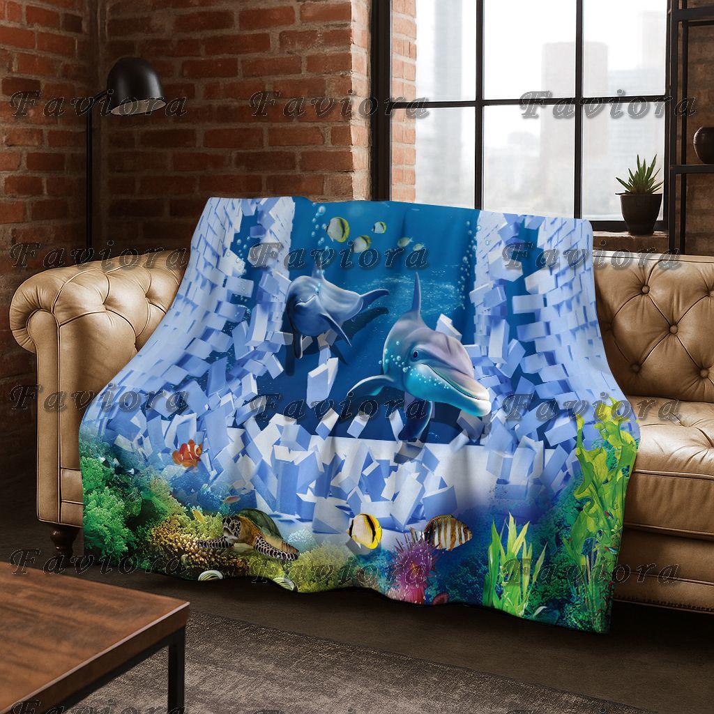 26 Style 3D Illusion Sea Underwater World Dolphin Flannel Blanket,Cozy Soft Throw Blanket for Home Bedroom Bed Sofa Cover Gift
