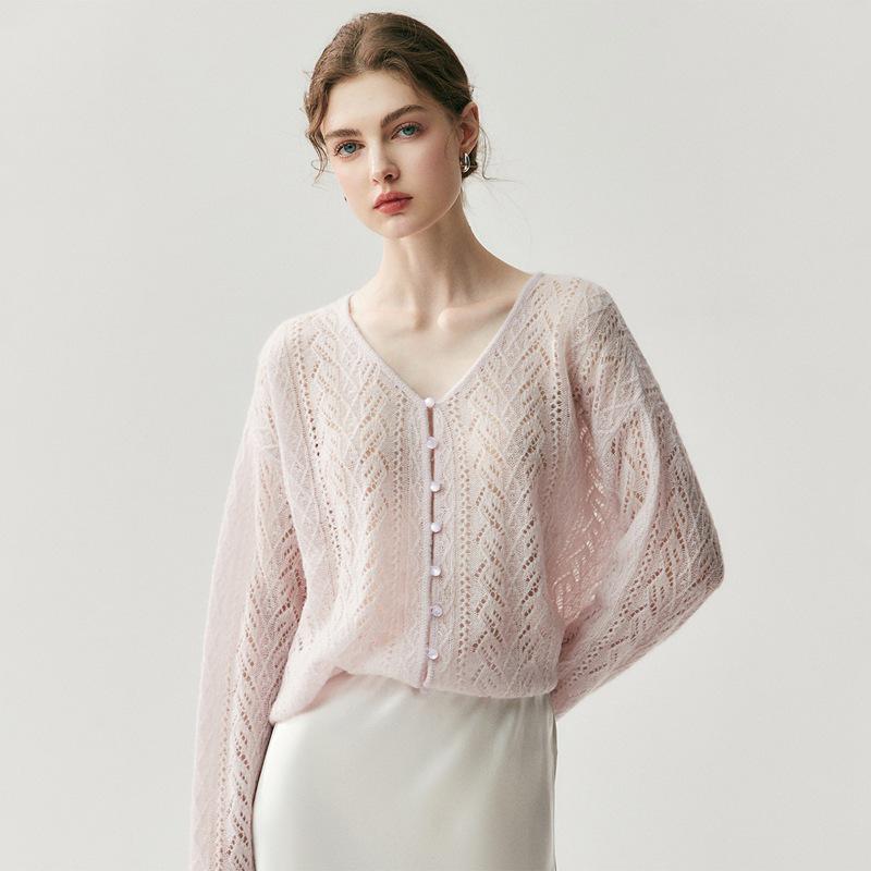 Women's Cashmere Knit V-Neck Cardigan: Autumn/Winter Hollow Out, Solid Color, Loose-Slimming, Versatile Top