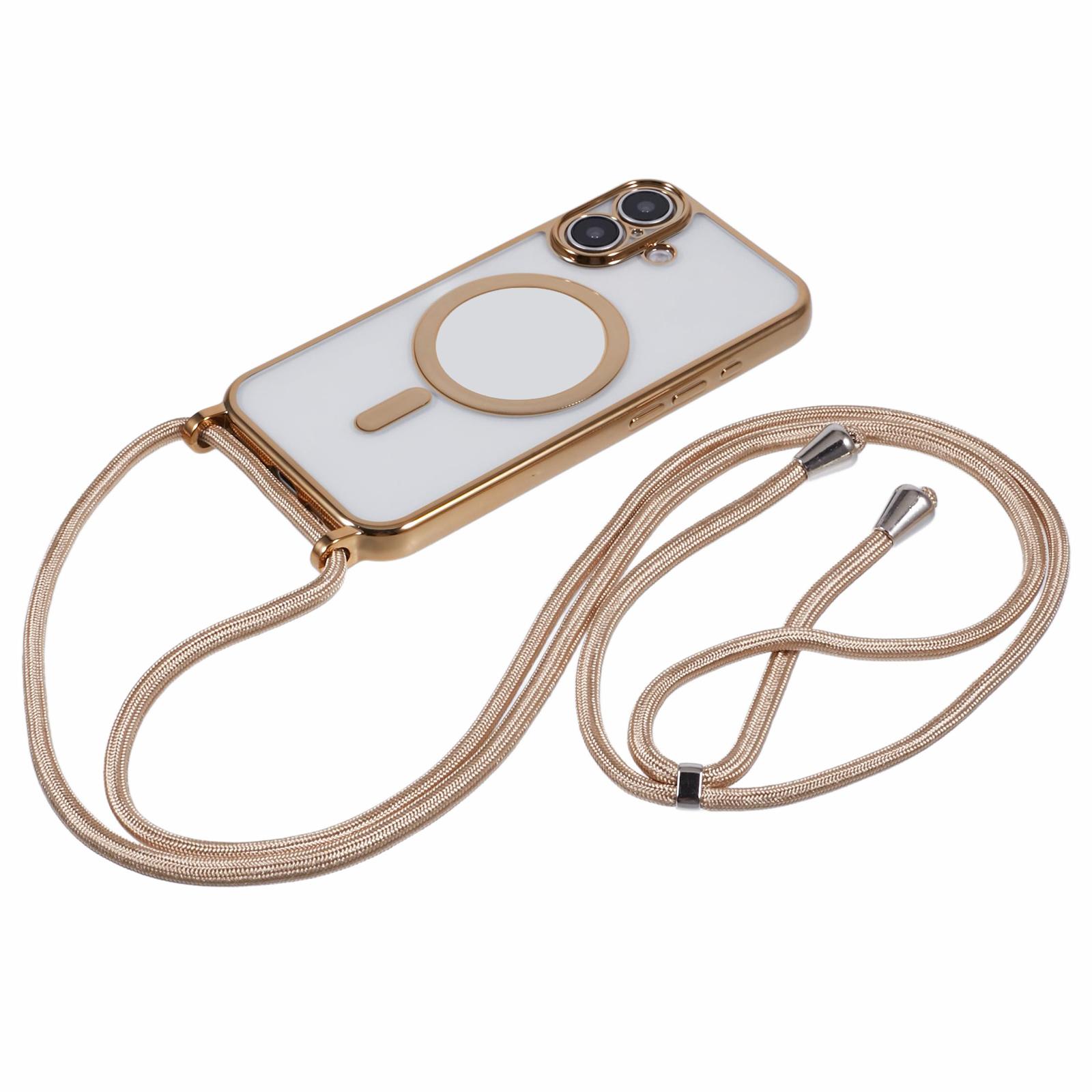 

For iPhone 16 Case Compatible with MagSafe Electroplating TPU Cellphone Protector with Long Lanyard Silver