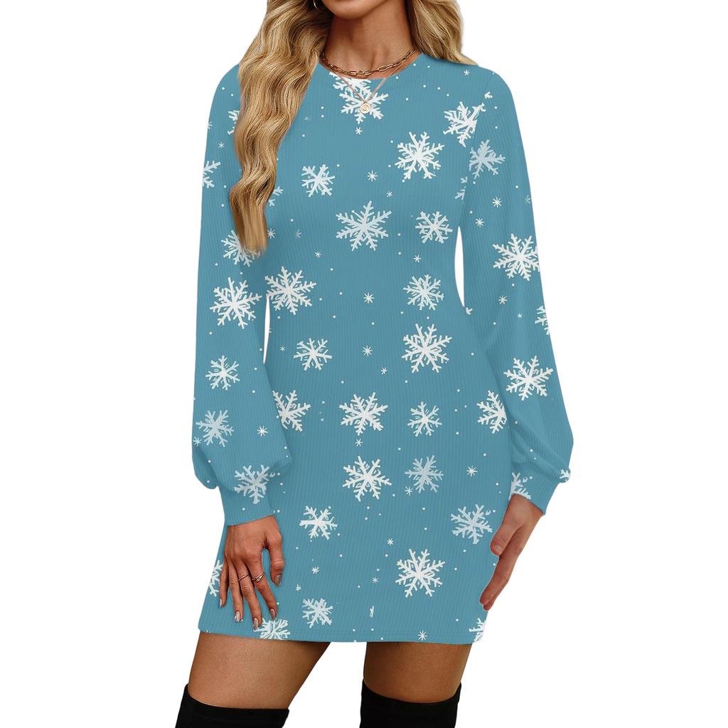 Rochie casual de modă pentru femei, cu imprimeu de Crăciun, cu gât rotund și mâneci lungi