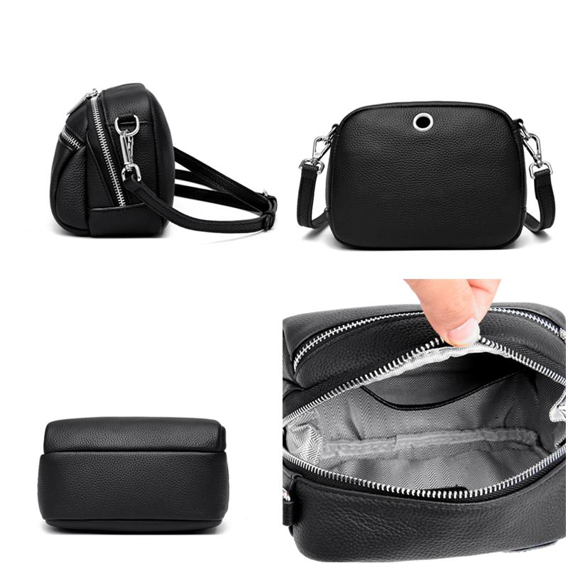 Classic Double Zipper Genuine Cow Leather Shoulder Bag For Women Small Crossbody Handbag