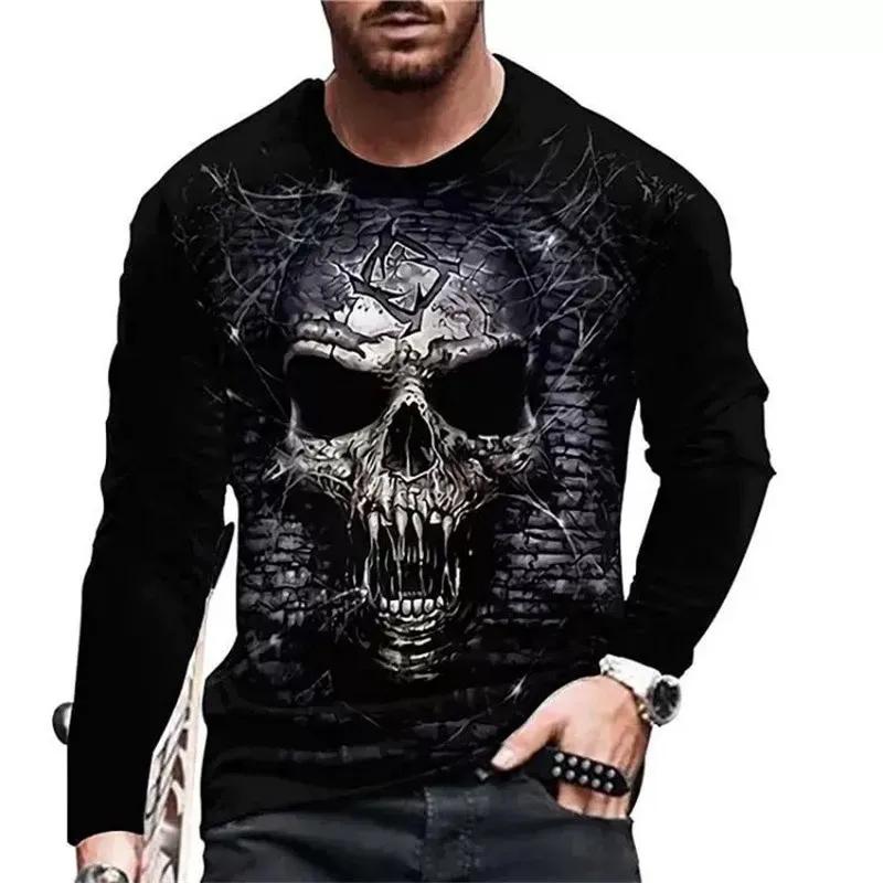 Round Neck 3D Skull Printed Top Fashionable Long Sleeved Men's T-shirts - Soft Medium Stretch Polyester Fabric Spring and Autumn Relaxed Fit Clothing