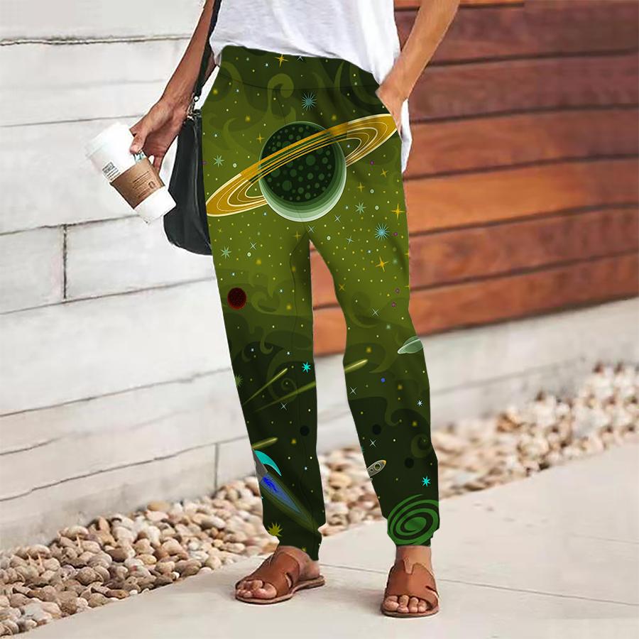 Women Planet Printing Pants Lace Up Elastic Waist Loose  Trousers Casual Long Pants Trousers with Pockets